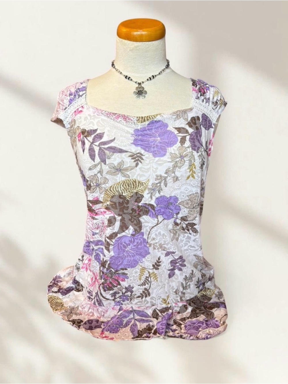 Floral Square-Neck Tank Top in Purple and White
